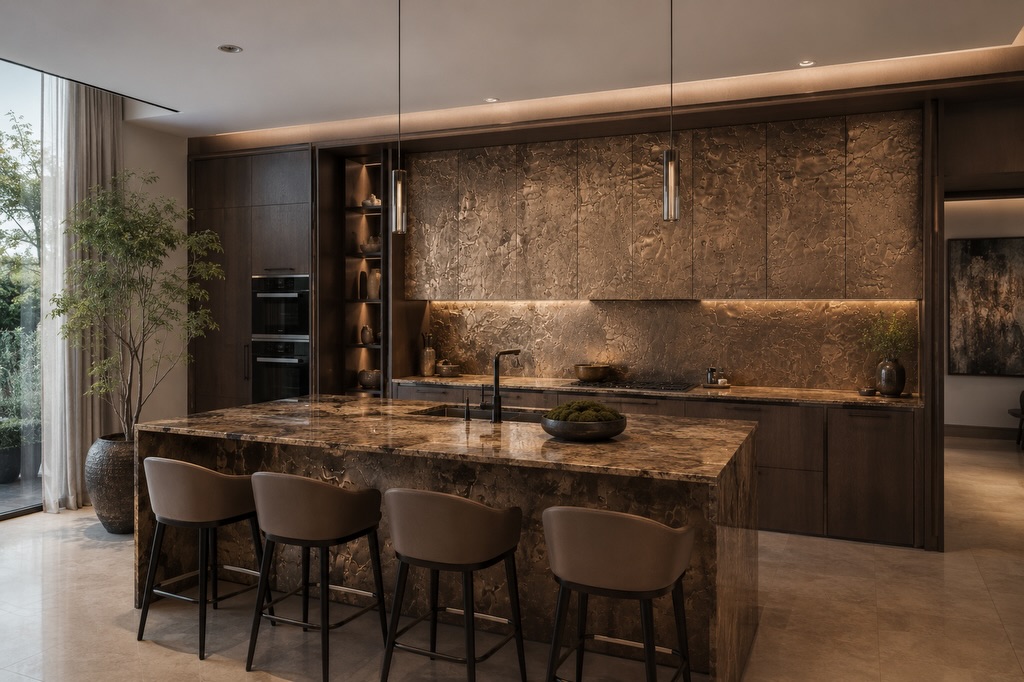 The quiet luxury of liquid metal panels in a kitchen